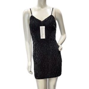 LAURENCE KAZAR Deadstock NWT 80s Black Silk Sequin Beaded Mini Dress Glam Sz M